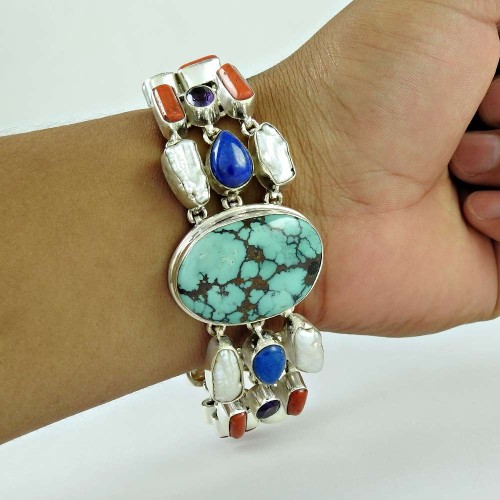 Big Inspire !! 925 Sterling Silver Coral, Turquoise, Lapis, Pearl, Amethyst Bracelet