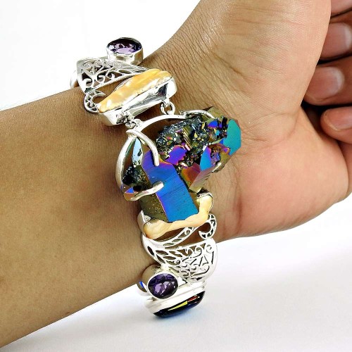 925 sterling silver vintage jewelry Beautiful Drusy, Amethyst, Dico Glass, Fresh Water Pearl Gemstone Bracelet