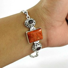 Beauty Queen ! Sponge Coral, Garnet Gemstone Sterling Silver Bracelet Jewelry