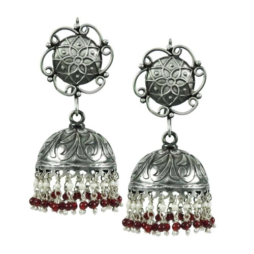 Oxidised Sterling Silver Gemstone Jewellery Rare Pearl, Garnet Gemstone Jhumka