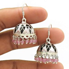 HANDMADE 925 Sterling Silver Jewelry Natural ROSE QUARTZ ENAMEL Jhumki Earring AQ8