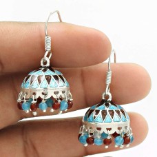 HANDMADE Silver Natural GRANET TURQUOISE ENAMEL BLUE TOPAZ Jhumki Earring AB5