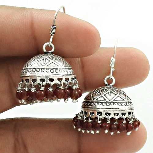 Natural GRANET Gemstone Jhumki Earring 925 Silver HANDMADE Fine Jewelry AE6