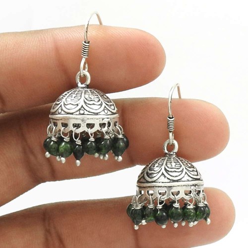 Natural GREEN ZADE Gemstone Jhumki Earring 925 Silver HANDMADE Fine Jewelry AG20