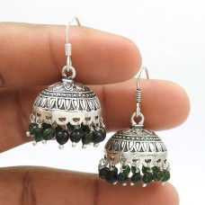 Natural GREEN ZADE Gemstone HANDMADE Jewelry 925 Sterling Silver Jhumki Earring AQ10