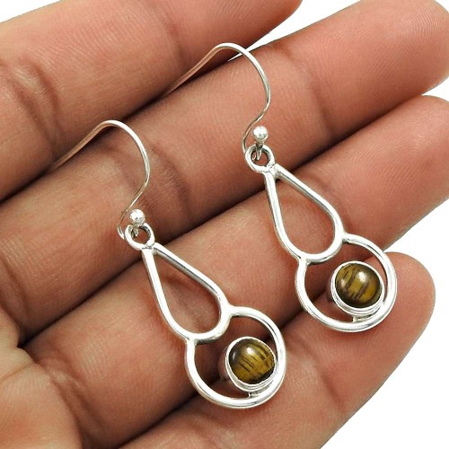 Natural Tiger Eye Gemstone HANDMADE Jewelry 925 Sterling Silver Earring AR15