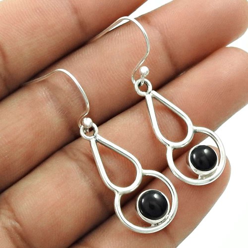 Natural BLACK ONYX Gemstone HANDMADE Jewelry 925 Sterling Silver Earring AO15