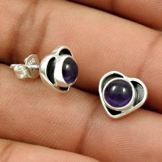 HANDMADE 925 Sterling Silver Jewelry Natural AMETHYST Heart Stud Earring AS9