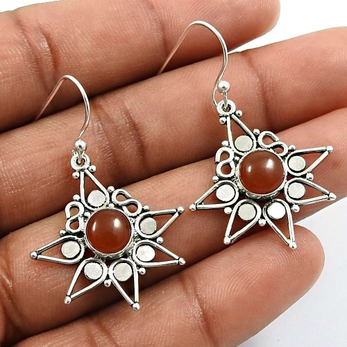 HANDMADE 925 Sterling Silver Jewelry Round Shape Carnelian Gemstone Earrings R7