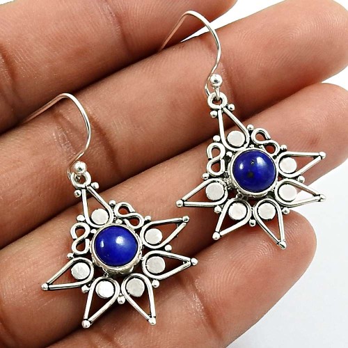 Round Shape Lapis Lazuli Gemstone Jewelry 925 Fine Sterling Silver Earrings Y7