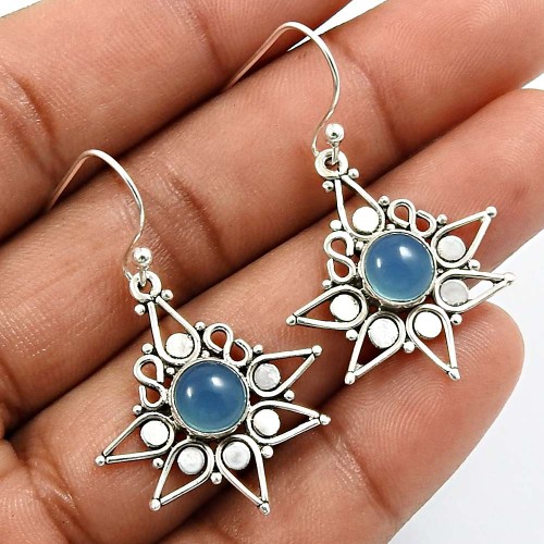 HANDMADE 925 Sterling Silver Jewelry Round Shape Chalcedony Gemstone Earrings Z7