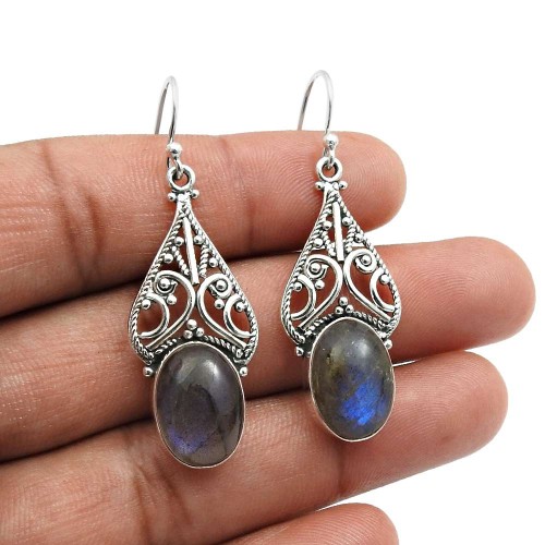 Oval Labradorite Gemstone Jewelry 925 Sterling Silver Earrings For Women N2