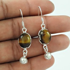 925 Sterling Silver Antique Jewelry Designer Tiger Eye, Pearl Gemstone Earrings