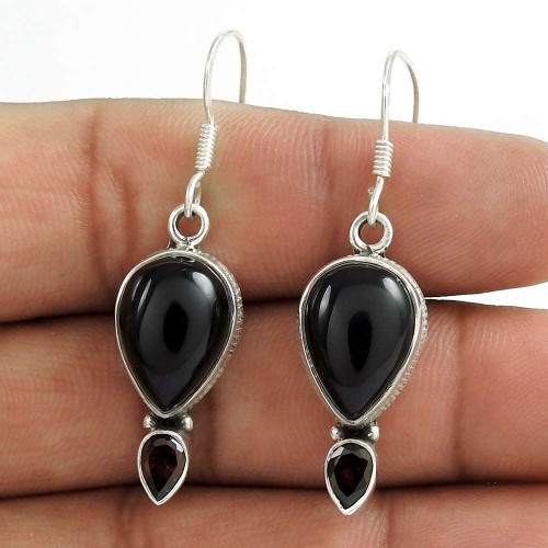 925 Sterling Silver Indian Jewellery Beautiful Garnet, Black Onyx Gemstone Earrings