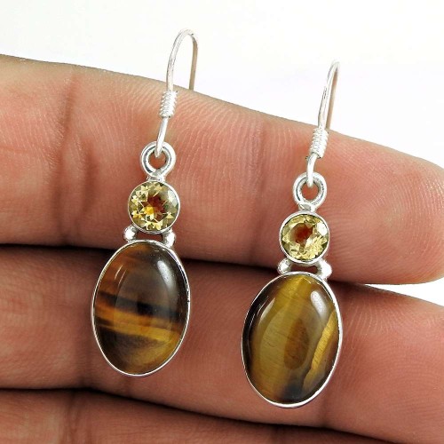 925 Sterling Silver Indian Jewellery Charming Tiger Eye, Citrine Gemstone Earrings