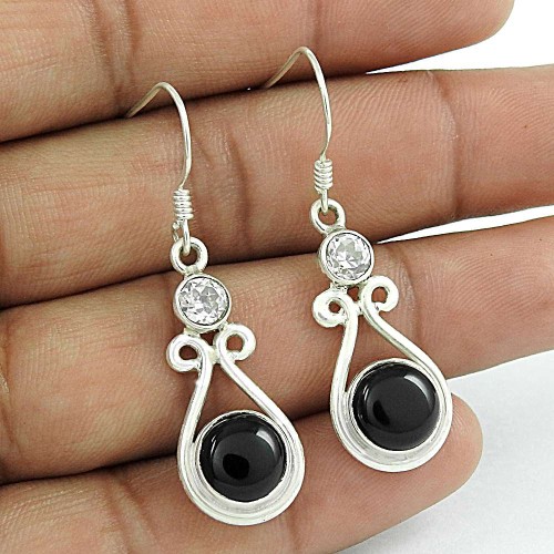 Draditions !! Black Onyx, White CZ Gemstone Sterling Silver Earrings Jewellery Grossiste