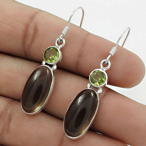 Latest Design !! Smoky Quartz, Peridot Gemstone Sterling Silver Earrings Jewellery Großhändler