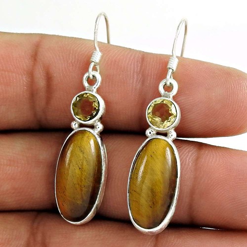 925 Sterling Silver Gemstone Jewellery Trendy Tiger Eye, Lemon Topaz Gemstone Earrings