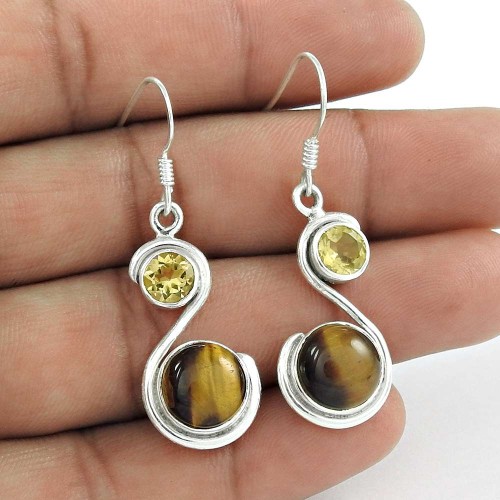 925 Silver Jewellery Ethnic Tiger Eye, Lemon Topaz Gemstone Earrings