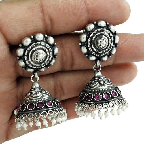 Indian Look 925 Sterling Silver Pearl Ruby Gemstone Earring Vintage Jewelry