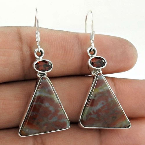 925 Sterling Silver Jewellery Ethnic Jasper, Garnet Gemstone Earrings