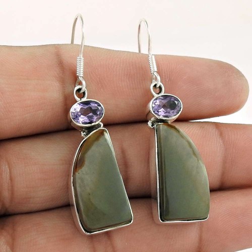 925 Sterling Silver Antique Jewellery Traditional Wild horse Jasper, Amethyst Gemstone Earrings