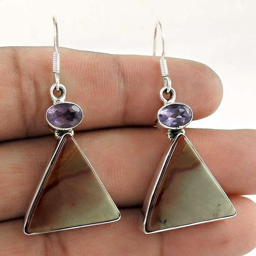 Sterling Silver Indian Jewellery High Polish Rhyolite, Amethyst Gemstone Earrings