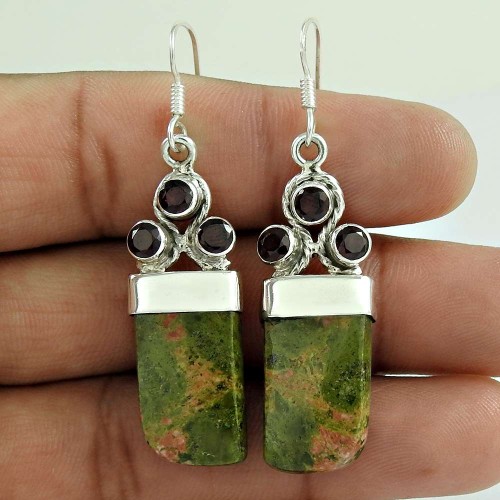 925 Sterling Silver Jewellery Beautiful Unakite, Garnet Gemstone Earrings