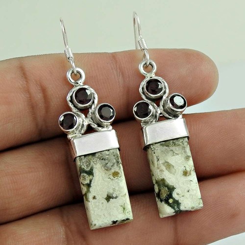 925 Sterling Silver Vintage Jewellery Traditional Ocean jasper, Garnet Gemstone Earrings