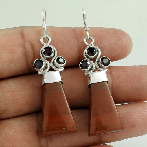 925 Sterling Silver Antique Jewellery High Polish Red Jasper, Garnet Gemstone Earrings