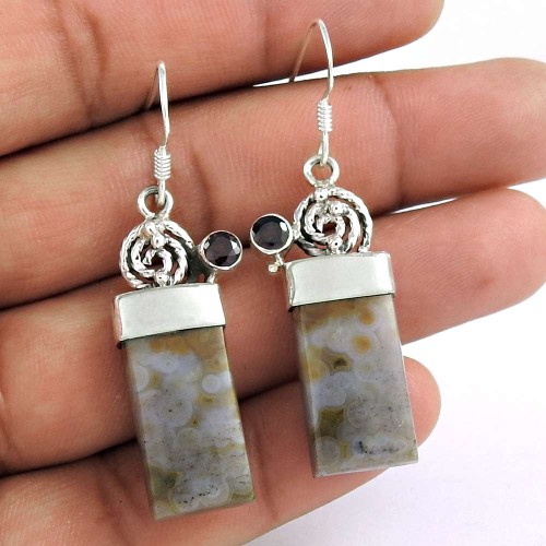 Indian Sterling Silver Jewellery Beautiful Ocean jasper, Garnet Gemstone Earrings