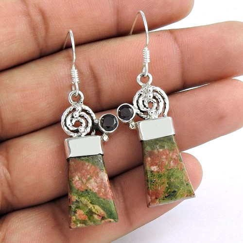 925 Sterling Silver Jewellery Ethnic Unakite, Garnet Gemstone Earrings