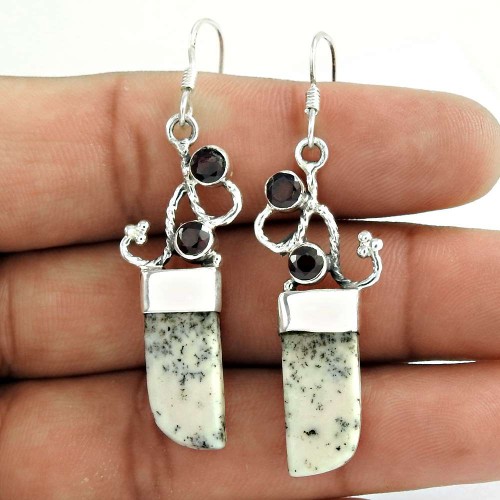 925 Sterling Silver Vintage Jewellery Fashion Dendritic Opal, Garnet Gemstone Earrings