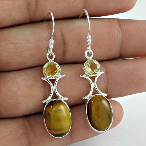 Sterling Silver Fashion Jewellery Rare Tiger Eye, Citrine Gemstone Earrings