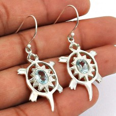 Turtle Design Earring Blue Topaz Gemstone 925 Sterling Silver Vintage Jewelry U21