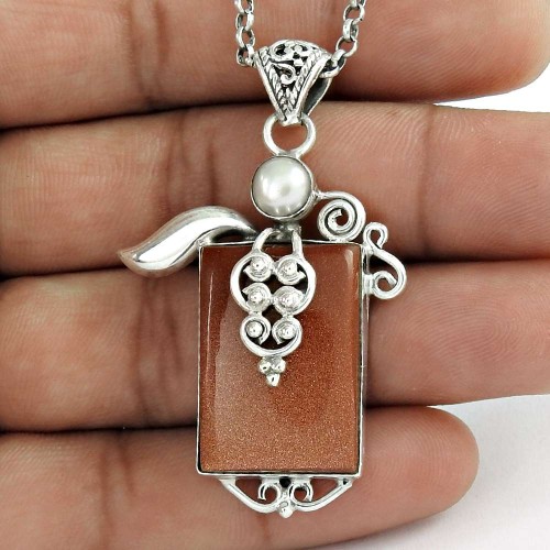 925 Sterling Silver Fashion Jewellery Red Sunstone Bohemian Pendant