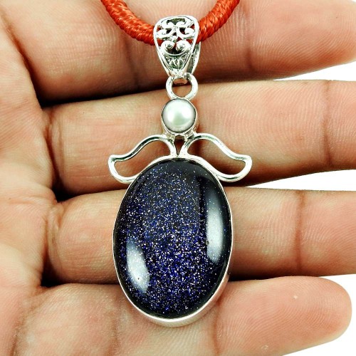 Designer Blue Sunstone Pendant 925 Sterling Silver Indian Jewellery