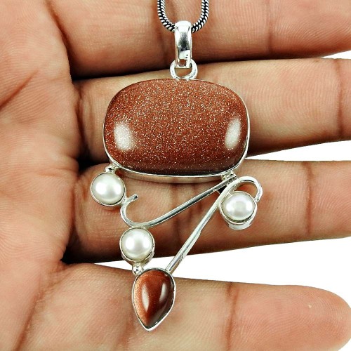 Natural!! 925 Sterling Silver Brown Sunstone, Pearl Pendant