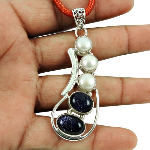 Perfect!! 925 Sterling Silver Blue Sunstone, Pearl Pendant