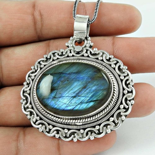 Large Stunning Boho 925 Sterling Silver Labradorite Pendant