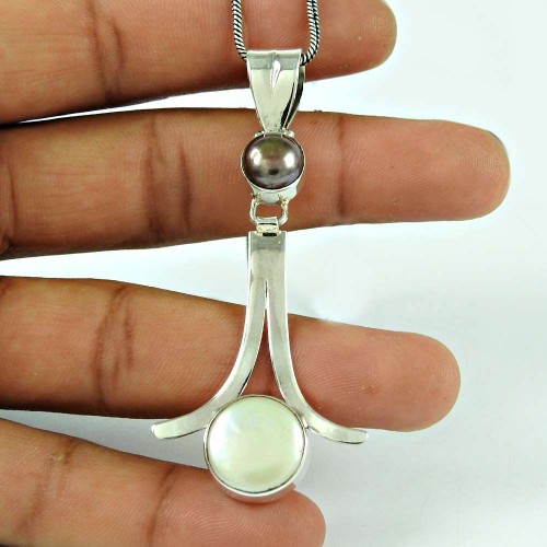 Rare Pearl Gun Metal Gemstone 925 Sterling Silver Pendant Jewellery