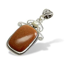 Artisan Work ! Red Sunstone, Pearl 925 Sterling Silver Bohemian Pendant