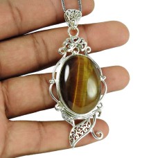 Trendy Tiger Eye Gemstone 925 Sterling Silver Filigree Pendant Jewellery