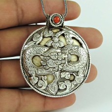 Beautiful 925 Sterling Silver Coral Gemstone Pendant Bohemian Jewellery