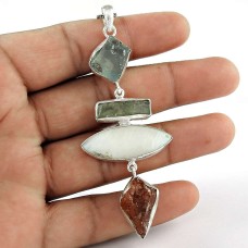 Big Amazing ! 925 Sterling Silver Sunstone, Mothr of Pearl, Aquamarine, Kyanite Pendant