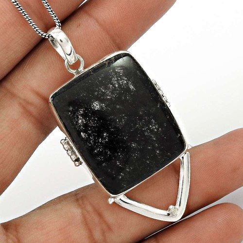 Black Rutile Gemstone Pendant 925 Sterling Silver Tribal Jewelry PN55