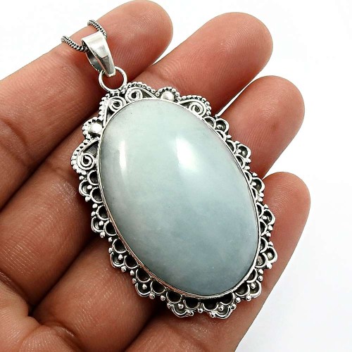 925 Sterling Fine Silver Jewelry Oval Shape Aquamarine Gemstone Pendant N22