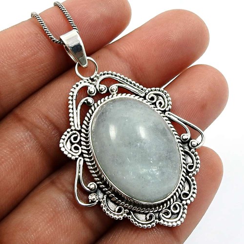 Oval Shape Aquamarine Gemstone HANDMADE Jewelry 925 Sterling Silver Pendant Q2