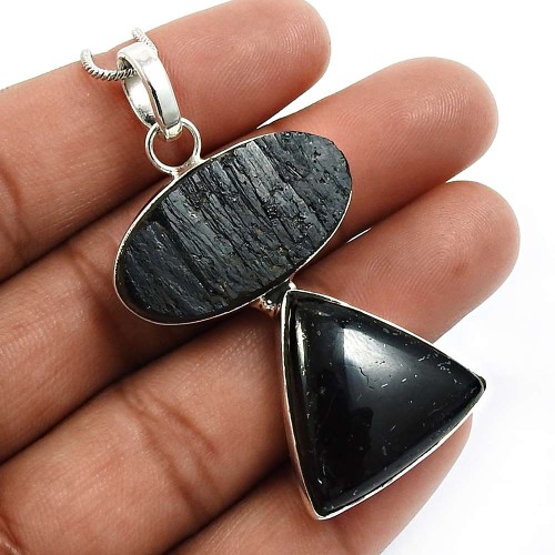 Black Tourmaline Gemstone Healing Power Pendant 925 Silver Fine Jewelry X38