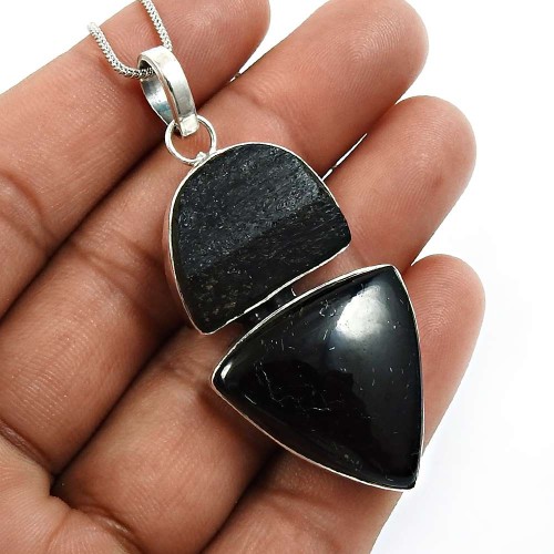 Black Tourmaline Gemstone Healing Pendant 925 Sterling Silver Jewelry A39